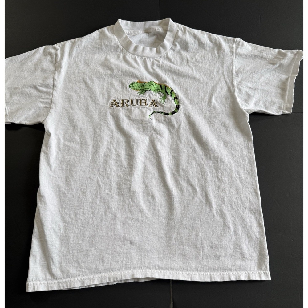Aruba Men's White Cotton T-Shirt Iguana Embroidered Size Large